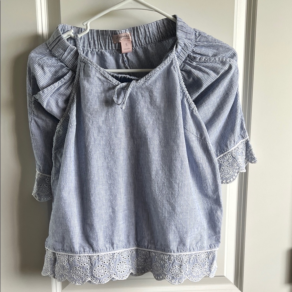 Blue Striped Blouse with Lace Trim